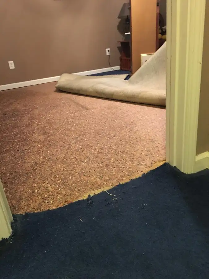 Carpet pad removal revealing water damage during Water Mitigation Services in Kinnelon